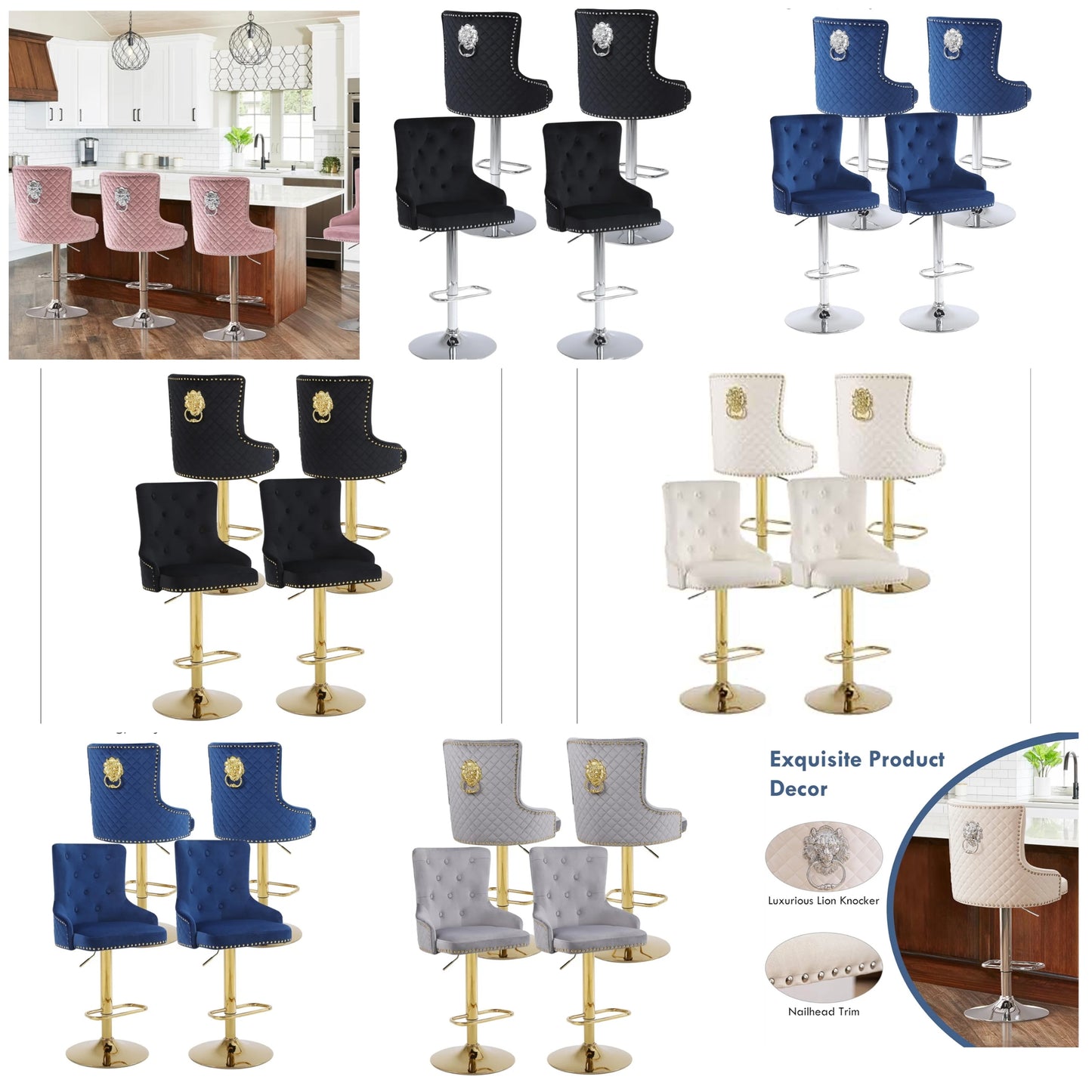 Velvet Swivel Adjustable Bar Stools Set, Modern Counter Height Stools with High Tufted Back,Barstools with Chrome Footrest/Lion Pull Ring/Diamond Pattern,Kitchen Dining Pub Chairs,