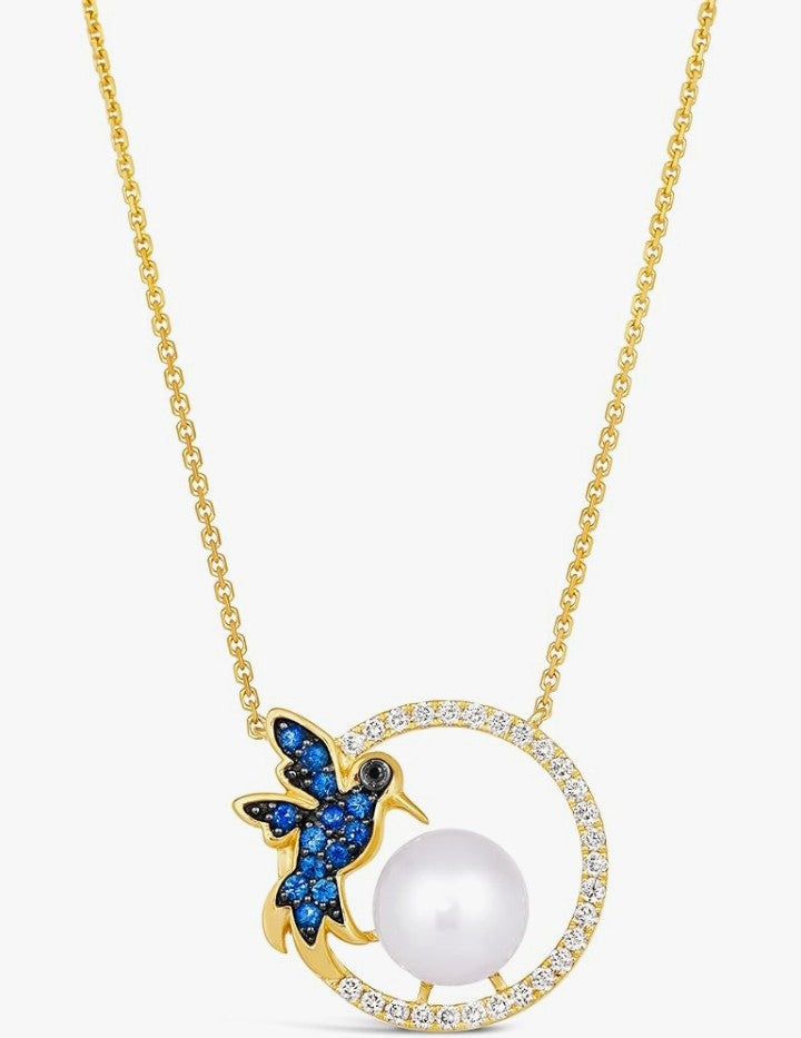 COCOMONEY 1/3 Carat Diamond Pearl, and 1/5 Carat Blue Sapphire Circle Hummingbird Pendant Necklace for Women in 14k Yellow Gold (White/Black, 0.53 cttw) on Adjustable Chain with Lobster Claw Clasp