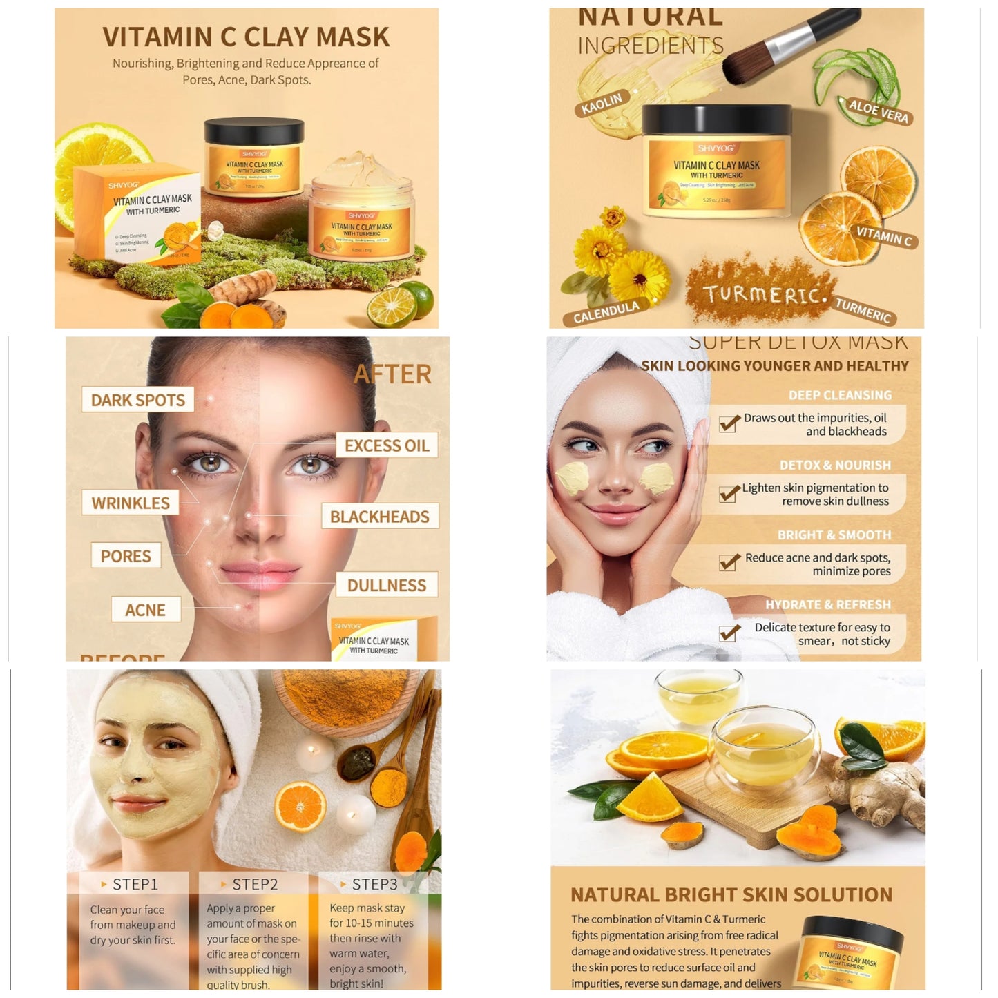 Vitamin C Face Mask with Kaolin Clay and Turmeric for Dark Spots, Dull Skin, Skincare Facial Mask for Controlling Oil and Refining Pores 5.29 Oz