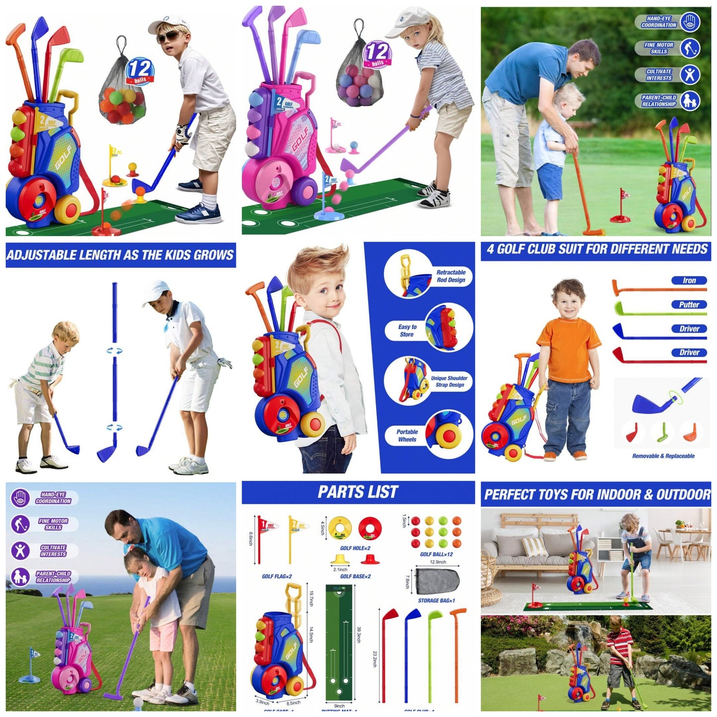 2 In 1 Toddler Golf Set, Upgraded Kids Golf Clubs With 12 Balls, Cornhole Board & Putting Mat, Shoulder Strap, Indoor Outdoor Sport Toys Gift For Boys Girls Aged 1-5 Years Old, Pink.Blue,Golf Set For Kids,Kid Golf Clubs,Golf Set