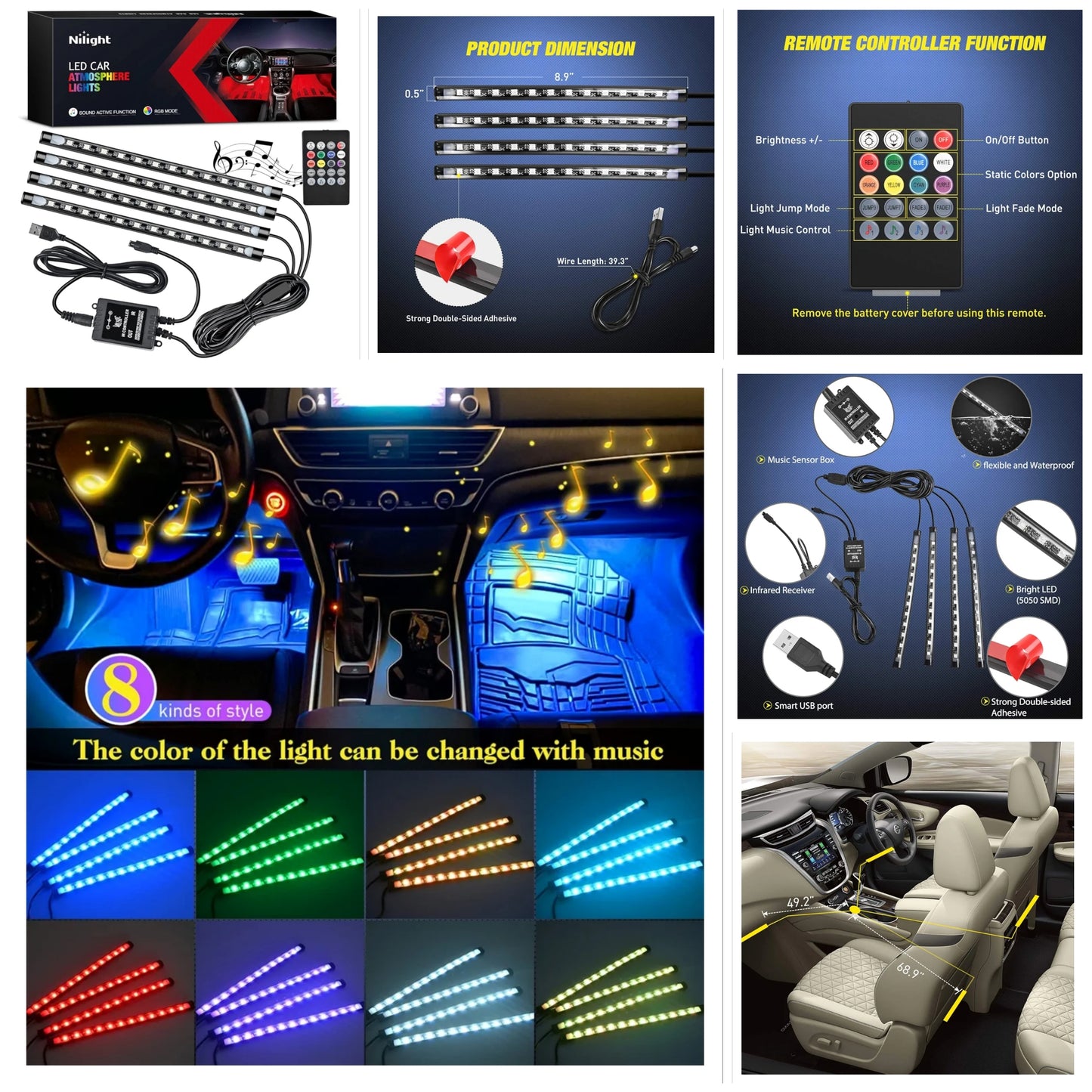 48 LEDs DC 5V Multicolor Music Car Strip Light Under Dash Lighting Kit with Sound Active Function and Wireless Remote Control, 2 Years Warranty, 4PCS USB Interior Lights