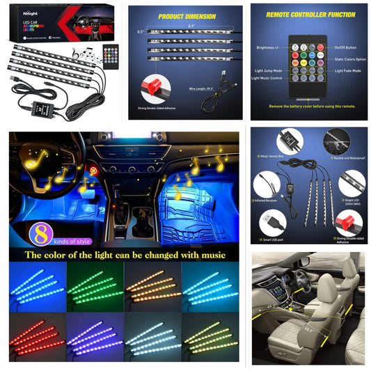 48 LEDs DC 5V Multicolor Music Car Strip Light Under Dash Lighting Kit with Sound Active Function and Wireless Remote Control, 2 Years Warranty, 4PCS USB Interior Lights