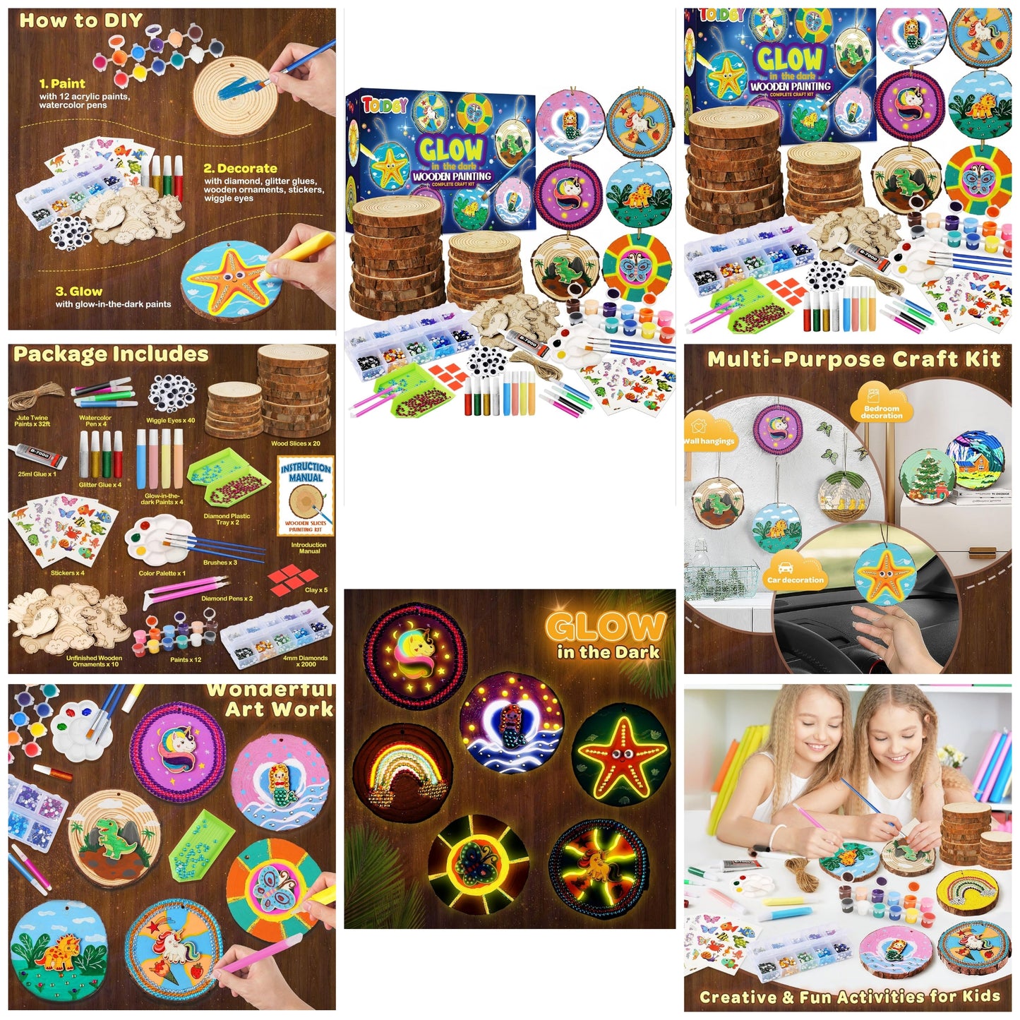 Wooden Painting Kit-Glow in The Dark, Arts and Crafts for Kids Ages 4-up Craft Gifts for Girls Boys with Wood Slices, Craft Kits Craft Supplies Art Projects