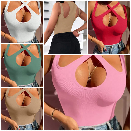 Plus Size Sexy Solid Color Hollow-Out Halter Neck Sleeveless Top COCOMONEY