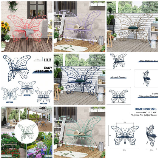 50'' Outdoor Bench, Metal Frame Patio Outdoor Garden Bench, Butterfly Pattern. Iron