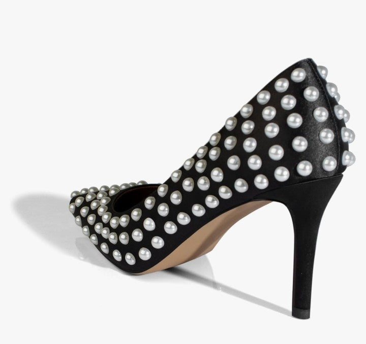 Sexy Stiletto High Heel Pumps Chic Pearl Studded Slip-on Shoes Satin Pointed Toe Fashion Dress