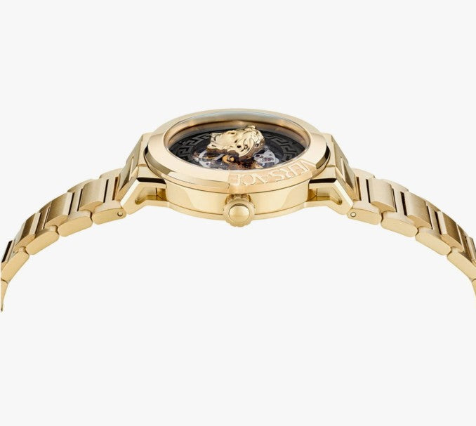 Versace Medusa Infinite Collection Luxury Womens Watch Timepiece with a Gold Bracelet Featuring a Gold Case and Black Dial