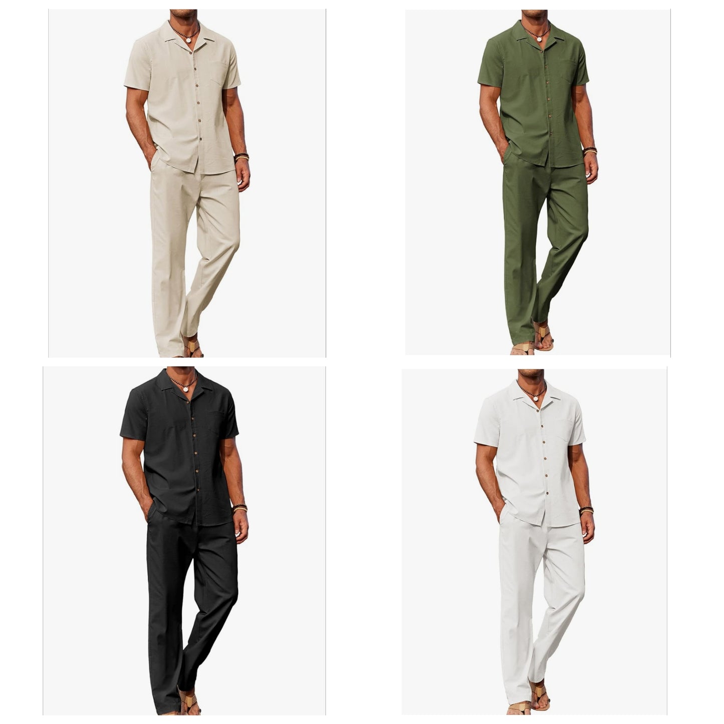 Men 2 Piece Linen Outfit Beach Button Down Shirt Casual Loose Pant Sets