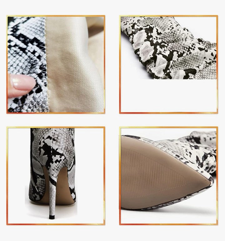 Snakeskin Boots Knee High Boots Women Sexy Stunning and Stylish Exquisite Pointed Toe Fine High Heels Pleated