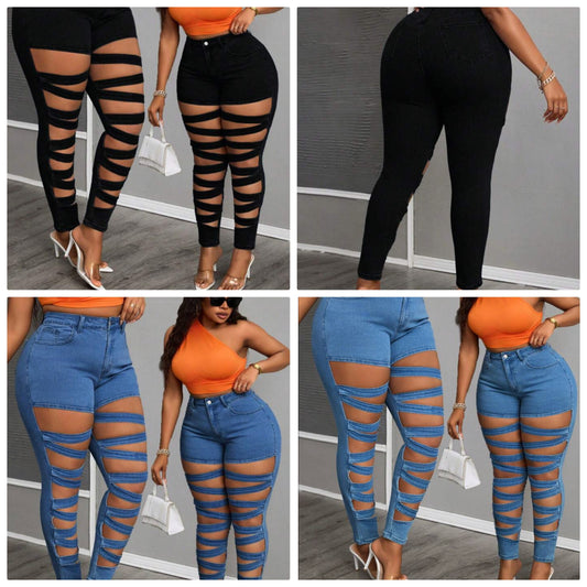 Plus Size Distressed Lace-Up Hollow Skinny Jeans COCOMONEY