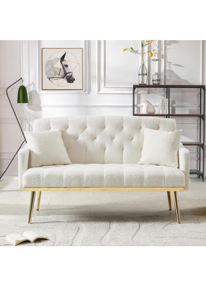 Upholstered Loveseat Sofa, Modern Small Sofa Couch with Side Pocket and Golden Metal Legs, Tufted Leisure Sofa for Living Room, Bedroom, Office, Cream White Teddy