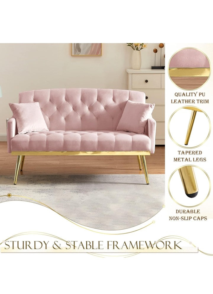 Upholstered Loveseat Sofa, Modern Small Sofa Couch with Side Pocket and Golden Metal Legs, Tufted Leisure Sofa for Living Room, Bedroom, Office, Cream White Teddy