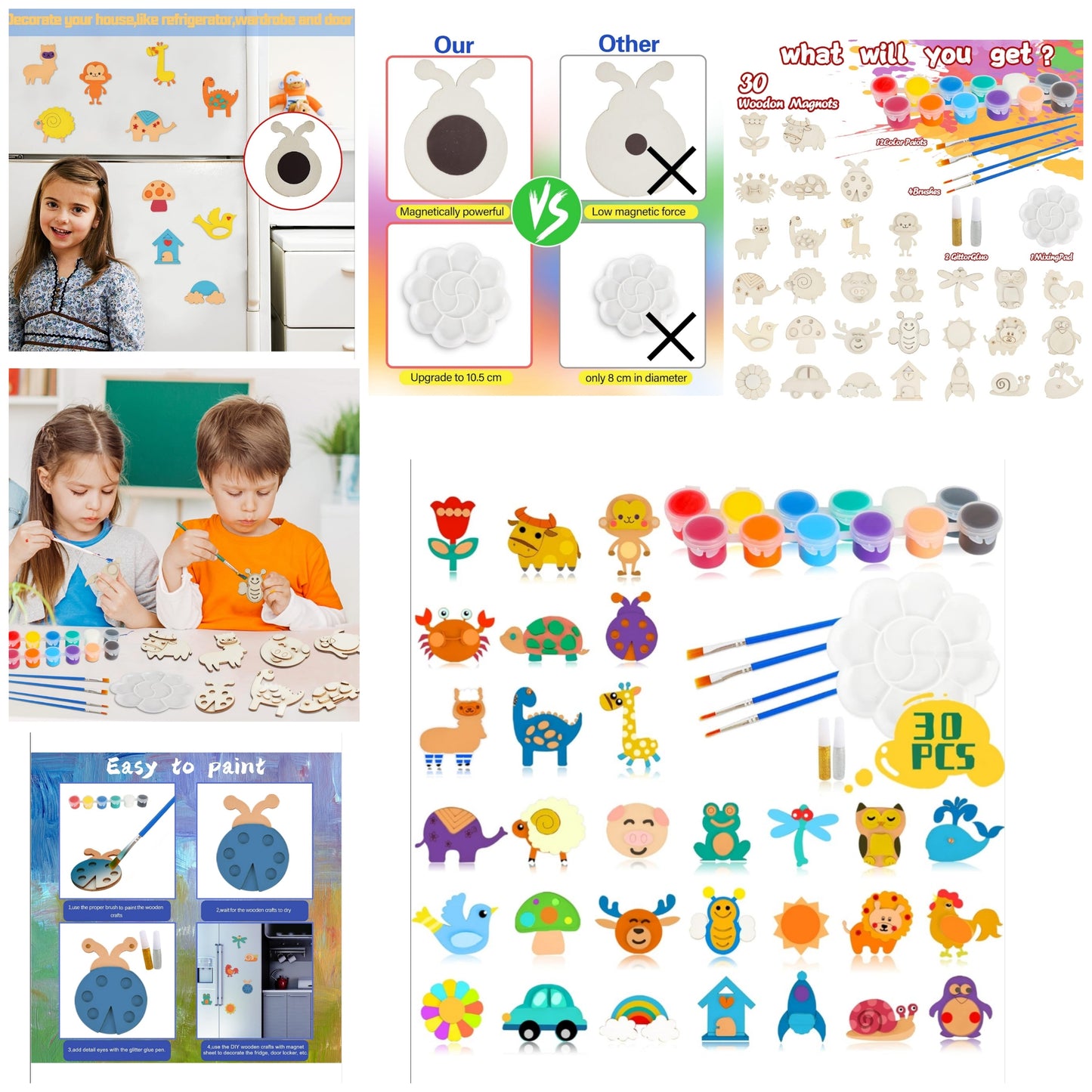 30 Wooden Magnet Painting Craft Kit, Paint Your Own Easter Art and Craft Supplies, Basket Stuffers Party Favors for Boys Girls, Classroom Prize Goodie Bag Gifts for Kids 4-up