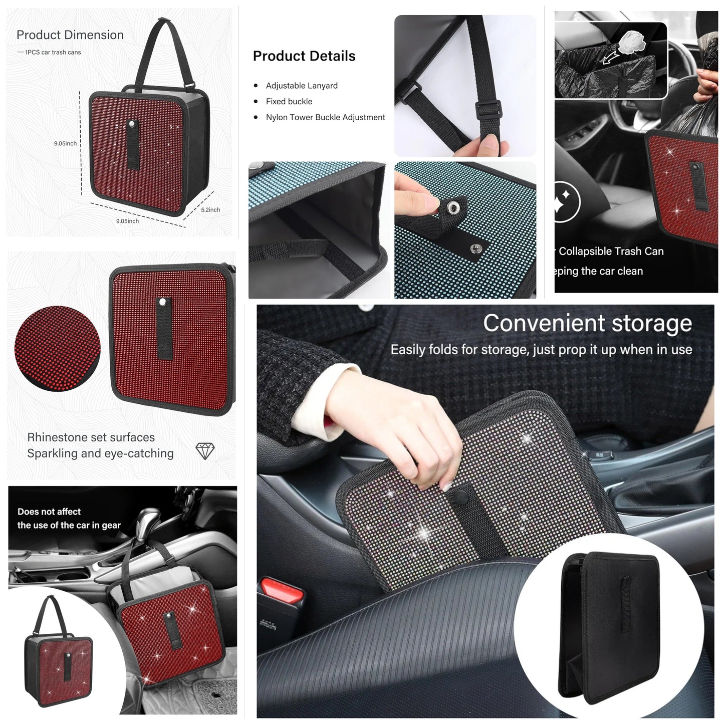 Foldable Trash Cans with Rhinestone, Bling Car Bin for Seat Organizer & Decorations, Universal Bling Accessories