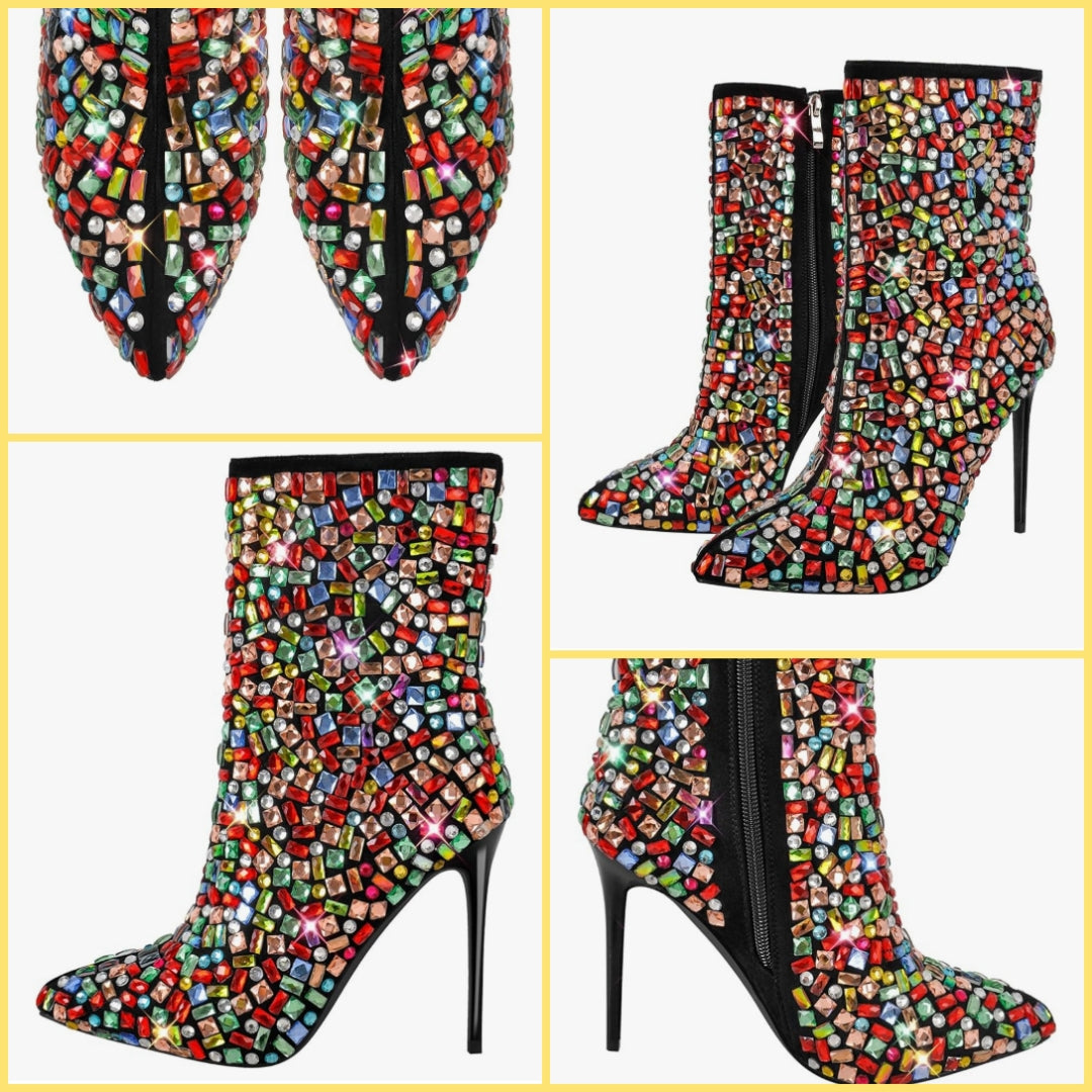 Rhinestones Studded Sparkly Slim High Heels Side Zipper Ankle Boots