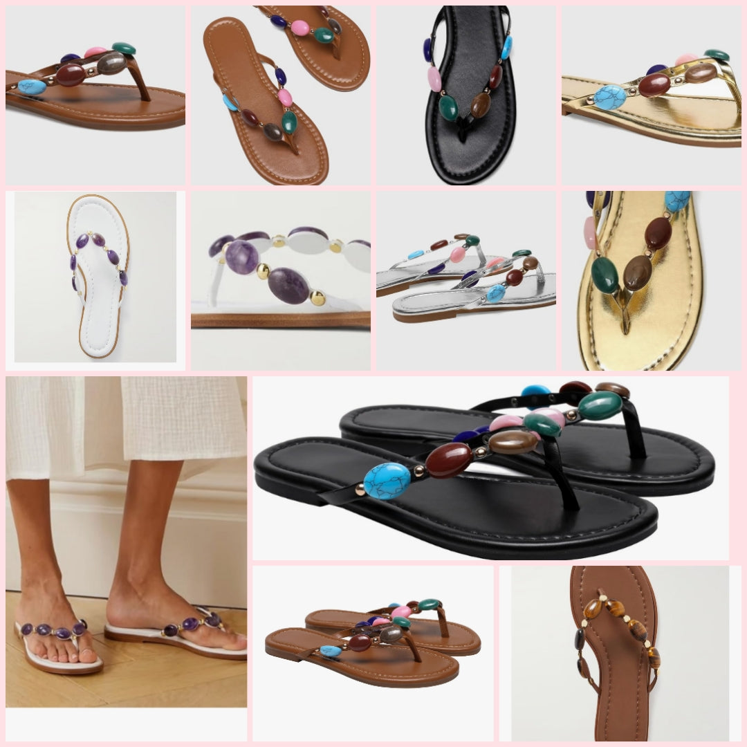 Jeweled Thong Strap Open Toe Flip Flops Comfy Slip on Flats Sandals Casual Summer Beach Slippers