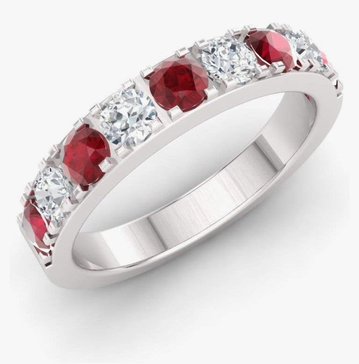 COCOMONEY Natural and Certified Gemstone and Diamond Wedding Ring in 10K White Gold | 0.92 Carat Half Eternity Stackable Band for Women, US Size 6
