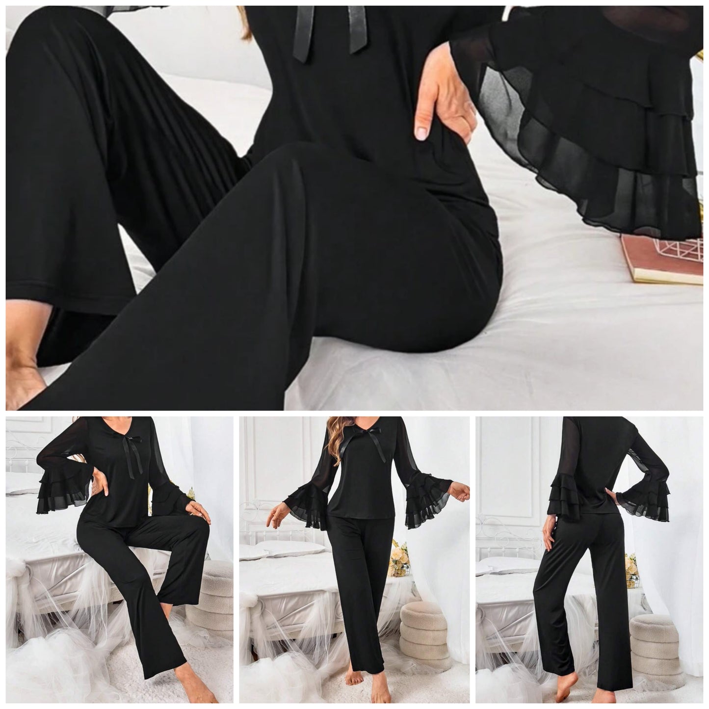 2pcs Women Casual Solid Color Tie-Front Mesh Flare Sleeve Top And Pants Loungewear Pajama Set