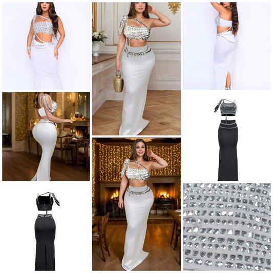 Rhinestone Ultra-Short Top With Slim Hip Slit Half-Body Skirt Ladies Party Dinner Two-Piece Set COCOMONEY