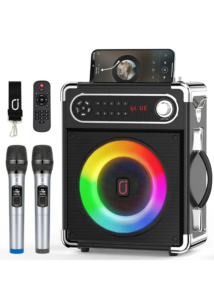 JYX Karaoke Machine with Two Wireless Microphones, Portable Bluetooth Speaker with Bass/Treble Adjustment, PA System with Remote Control, LED Lights,Supports TF Card/USB, AUX IN, FM, REC,TWS for Party