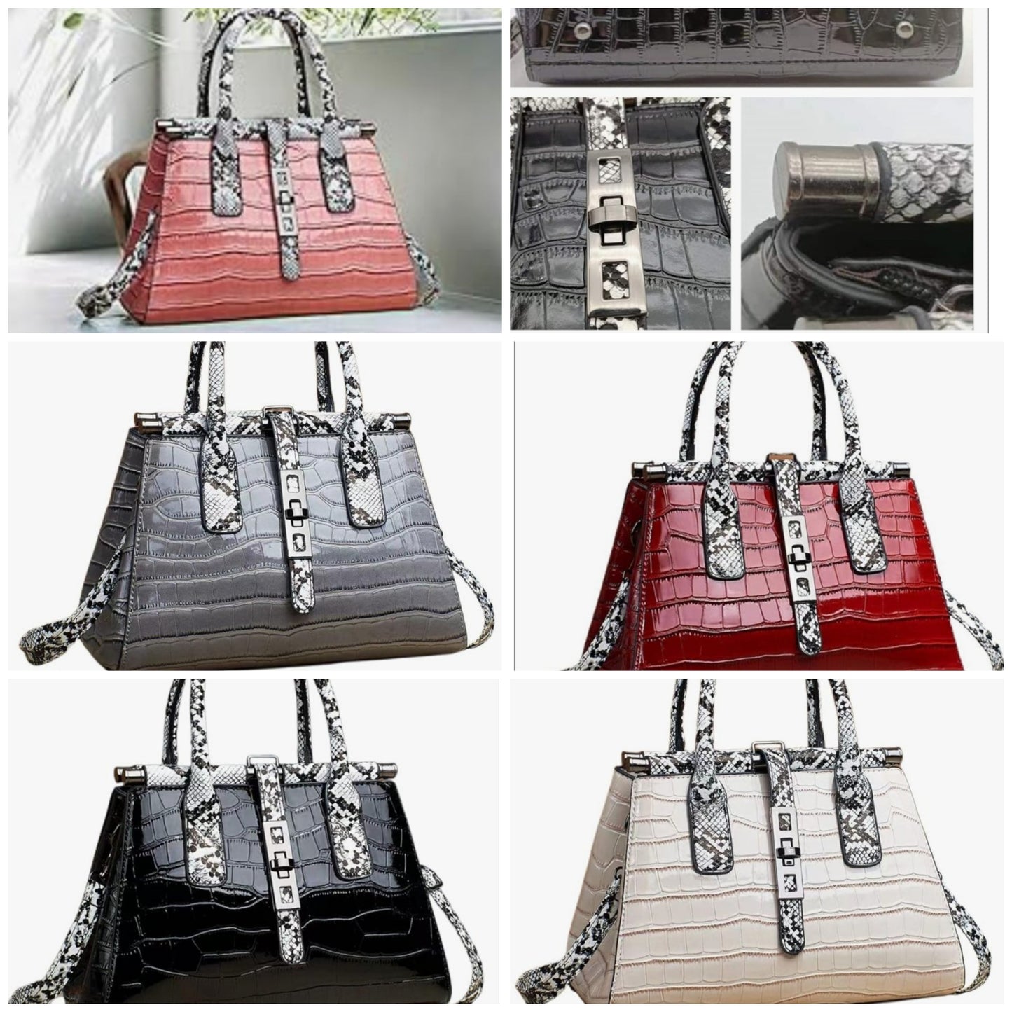 Women Patent Faux Leather Satchel Handbag Crocodile Tote Purse Snakeskin Handle Shoulder Bag,Gift