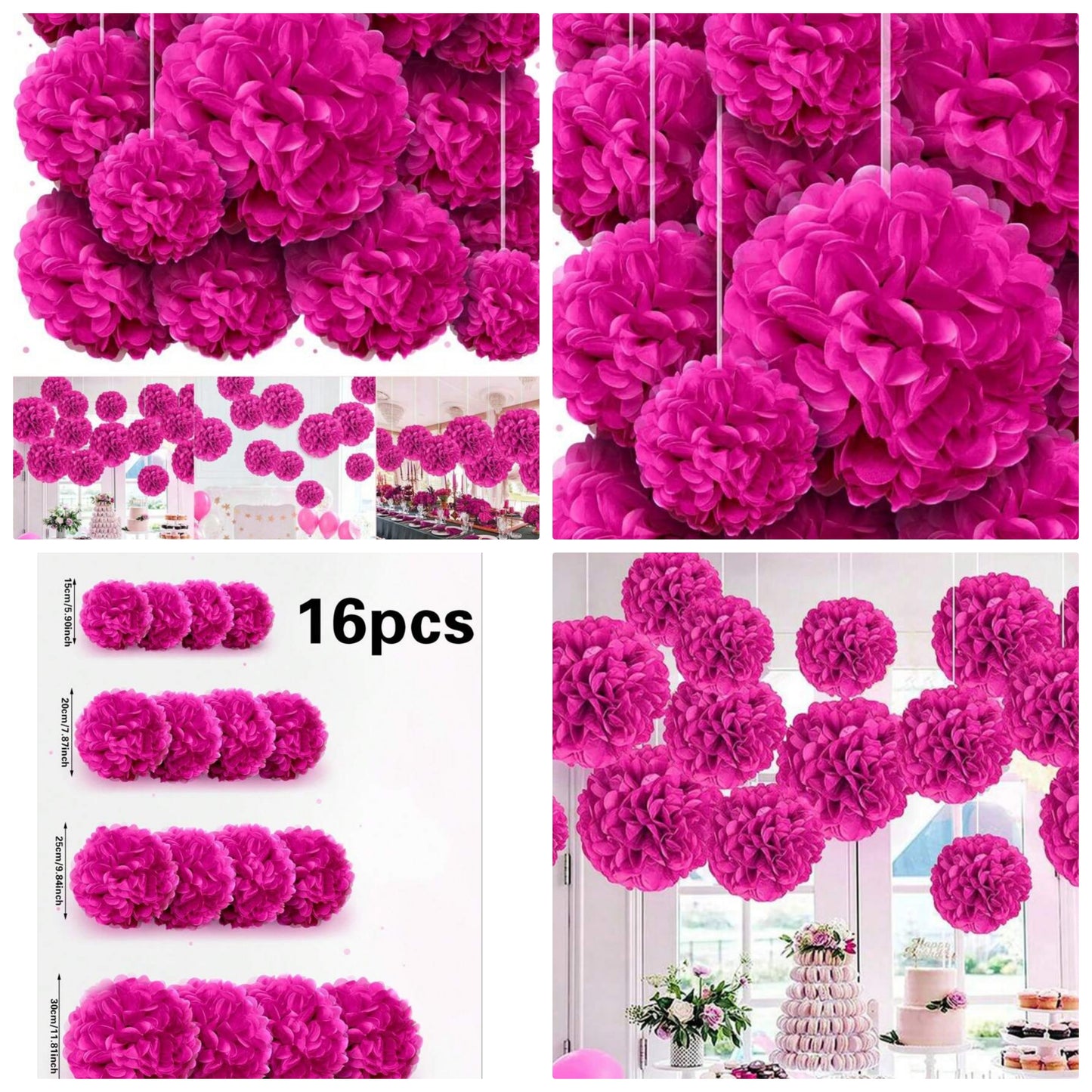 16pcs Pink Tissue Pom Poms Party Decorations paper, holiday event