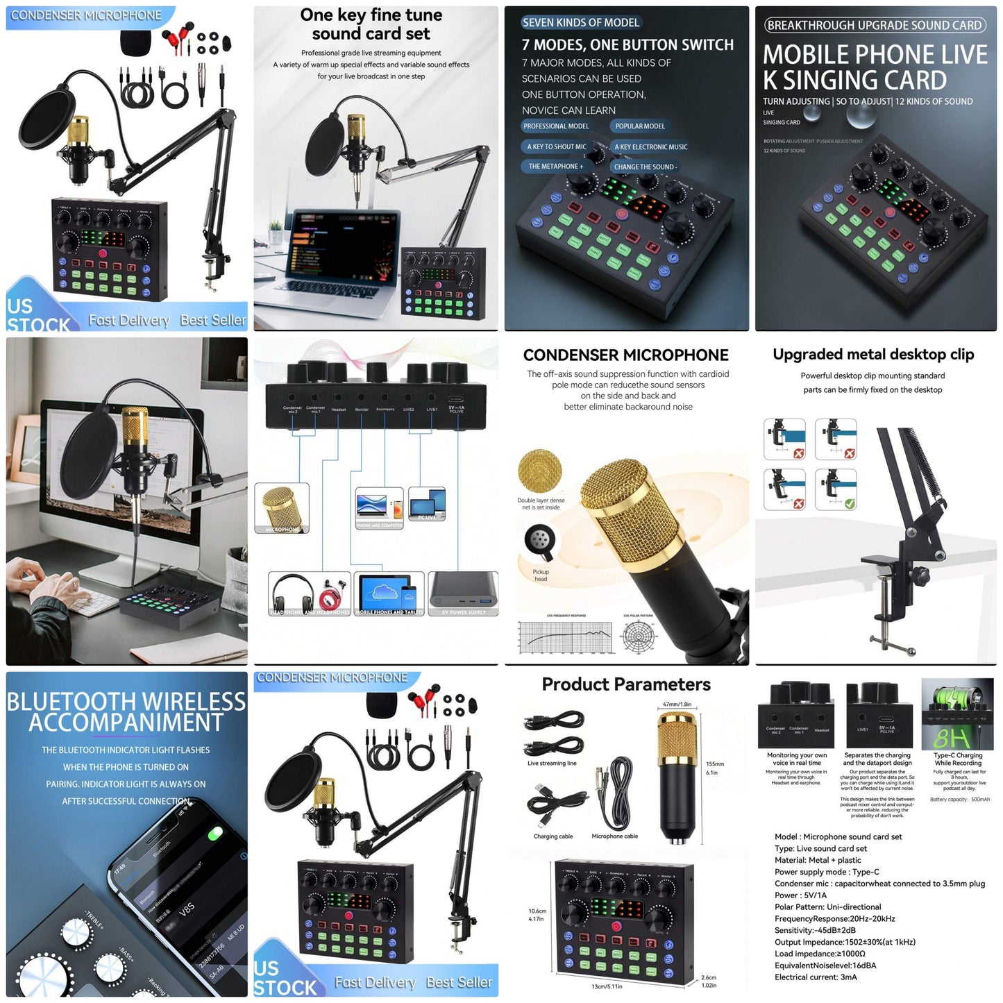 V8S Capacitor Microphone Sound Card Cantilever Kit Is Suitable For Computer Recording, Gaming Voice Communication, High-Quality Sampling, And Home Use