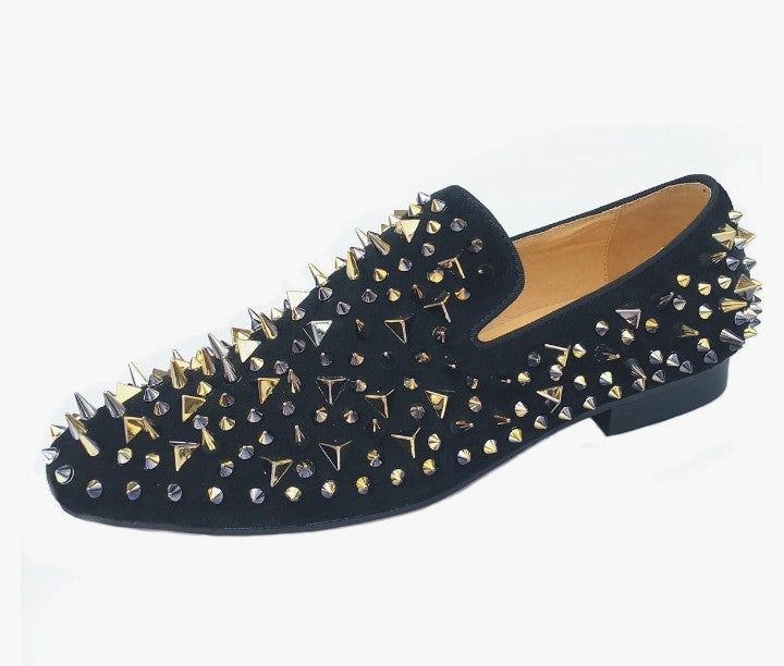Men's Black Leather Loafers Slippers with Gold Spikes Dress Shoes Slip-On Flats Party Shoes