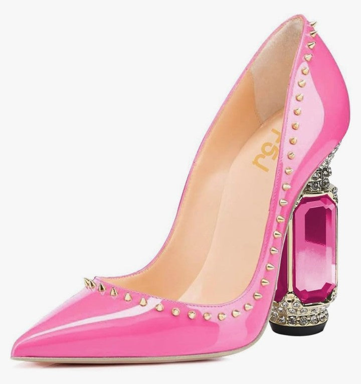 Pointed Toe Chunky Block High Heel Crystal Pumps Slip on Wedding Thick Comfort Luxury