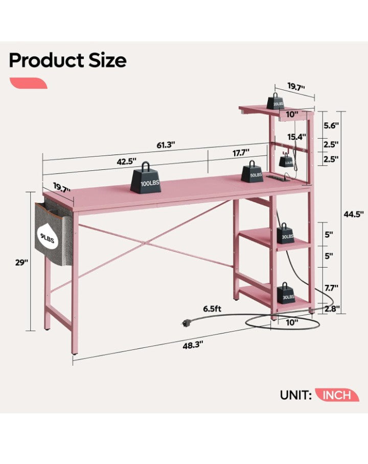 Gaming Desk with Power Outlets, 61 Inch Large Led Gamer Desk with 4 Tiers Reversible Shelves, PC Gaming Table with Headset Hook & Side Storage Bag for Bedroom (Pink 3D Carbon Fiber)