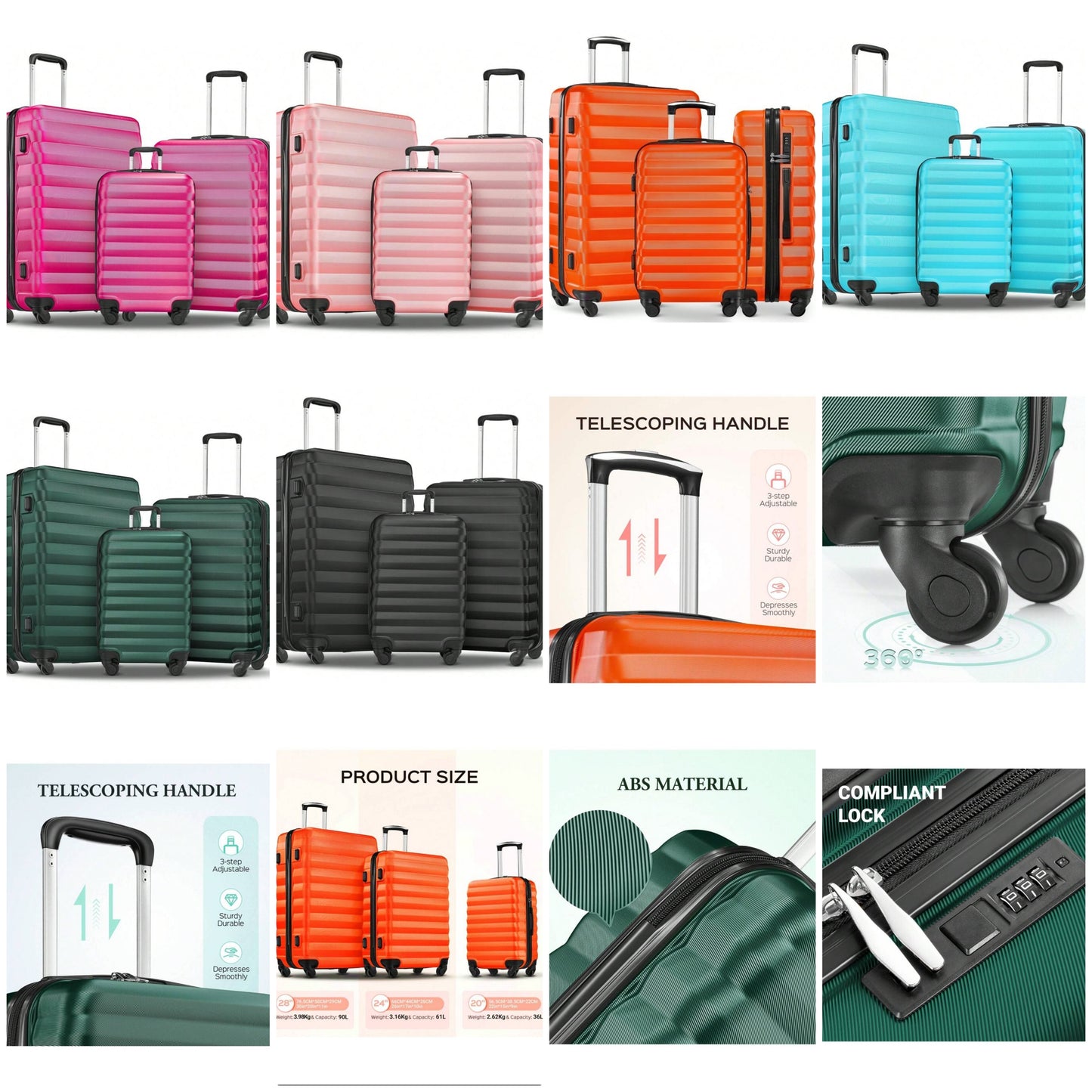 Luggage Set 3 Piece Suitcase Sets With Spinner Wheel, ABS Hardside Travel Laggage Travel Suitcase Suitcases Suit Case Durable Travel Luggage COCOMONEY