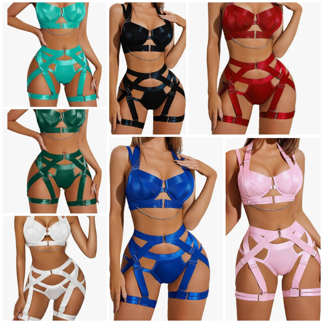 Lingerie Set for Women Sexy Strappy Lingerie Underwire Push Up Bra Garter Set Lingerie with Chain COCOMONEY