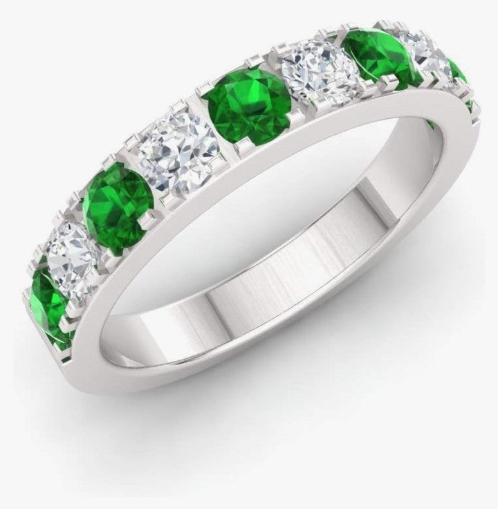 COCOMONEY Natural and Certified Gemstone and Diamond Wedding Ring in 10K White Gold | 0.92 Carat Half Eternity Stackable Band for Women, US Size 6