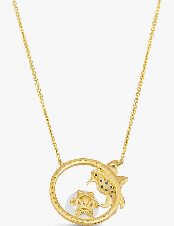 COCOMONEY 1/3 Carat Diamond Pearl, and 1/5 Carat Blue Sapphire Circle Hummingbird Pendant Necklace for Women in 14k Yellow Gold (White/Black, 0.53 cttw) on Adjustable Chain with Lobster Claw Clasp