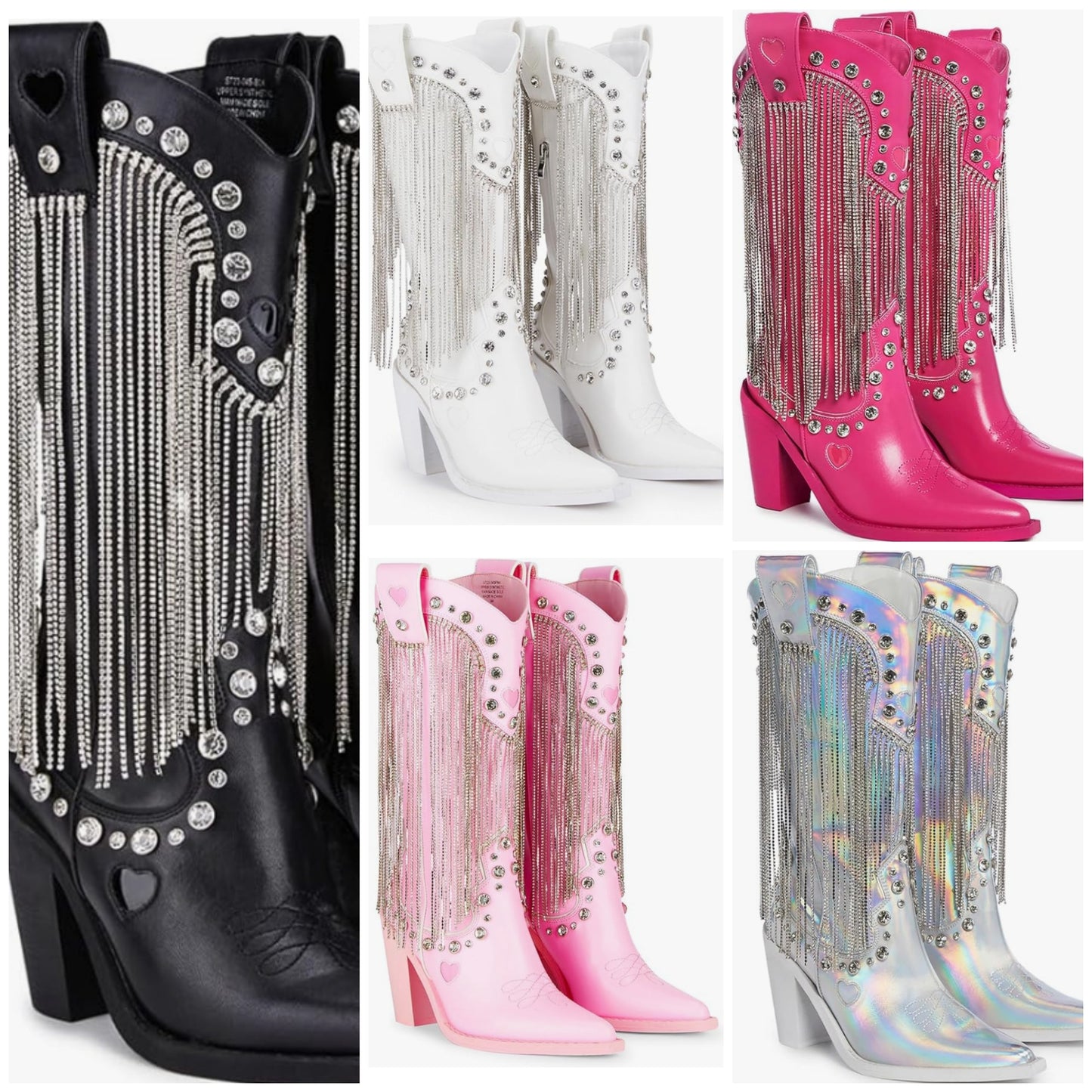 Cowbirl Boots - Vegan Leather Footwear With Rhinestone Fringe and Jewel Studs