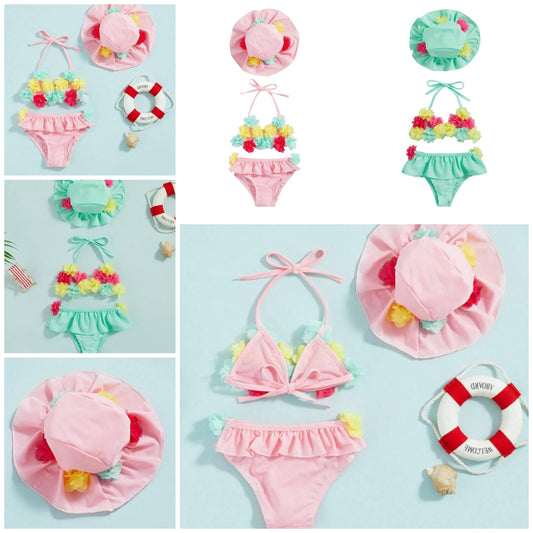 3Pcs Infant Baby Girl Flower Swimsuit Halter Triangle Tops Ruffle Bottoms Sun Hat Bikini Set Bathing Suit Swimwear Sets