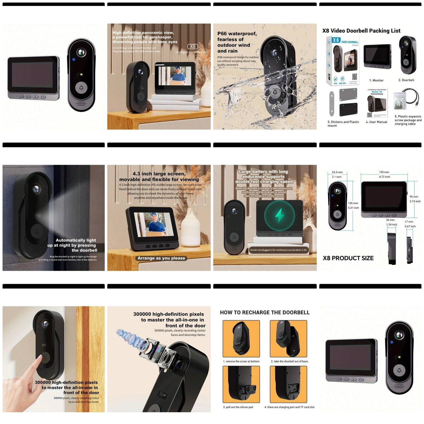 1 Set, Waterproof IP66 True Wireless Video Doorbell, 480P Camera Pixel, With 4.3 Inch Screen Real Time Indoor Monitor, No App Required, No Network Required, Friendly Using For Elders, Support SD Card Slot Saving Images & Videos, Local Storage