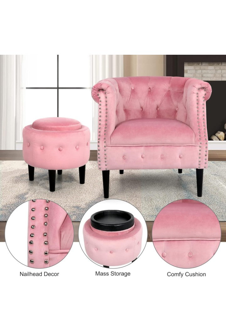 Mid-Century Accent Chair with Storage Ottoman, Modern Velvet Armchair Button Tufted Rivet Barrel Chair, Comfy Single Sofa Chair Ottoman Set for Living Room Bedroom Reading Room
