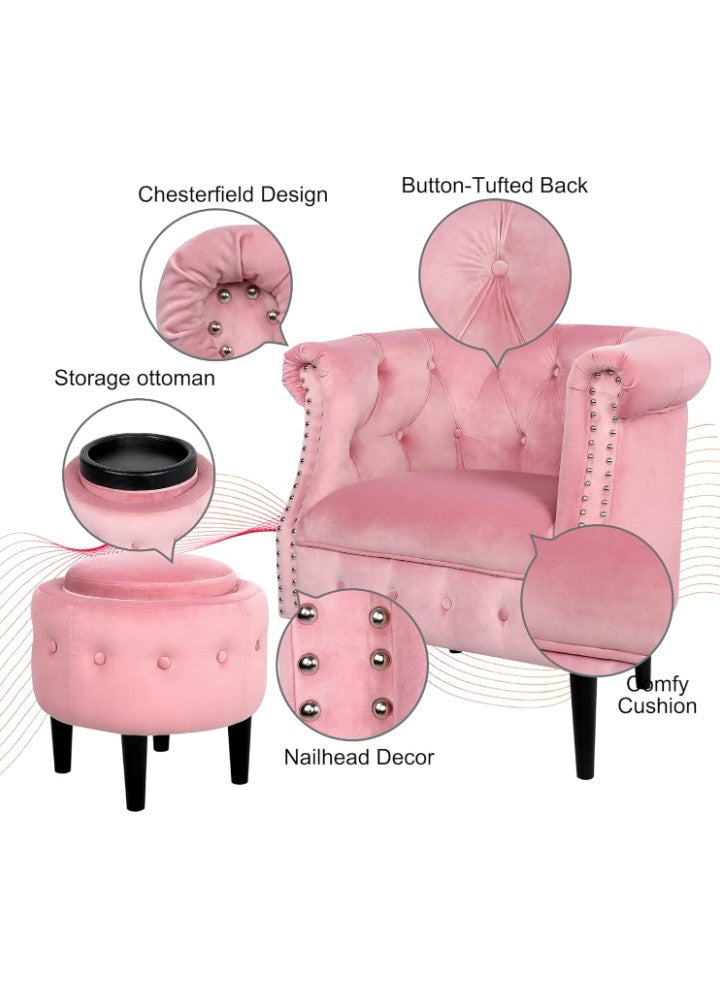 Mid-Century Accent Chair with Storage Ottoman, Modern Velvet Armchair Button Tufted Rivet Barrel Chair, Comfy Single Sofa Chair Ottoman Set for Living Room Bedroom Reading Room