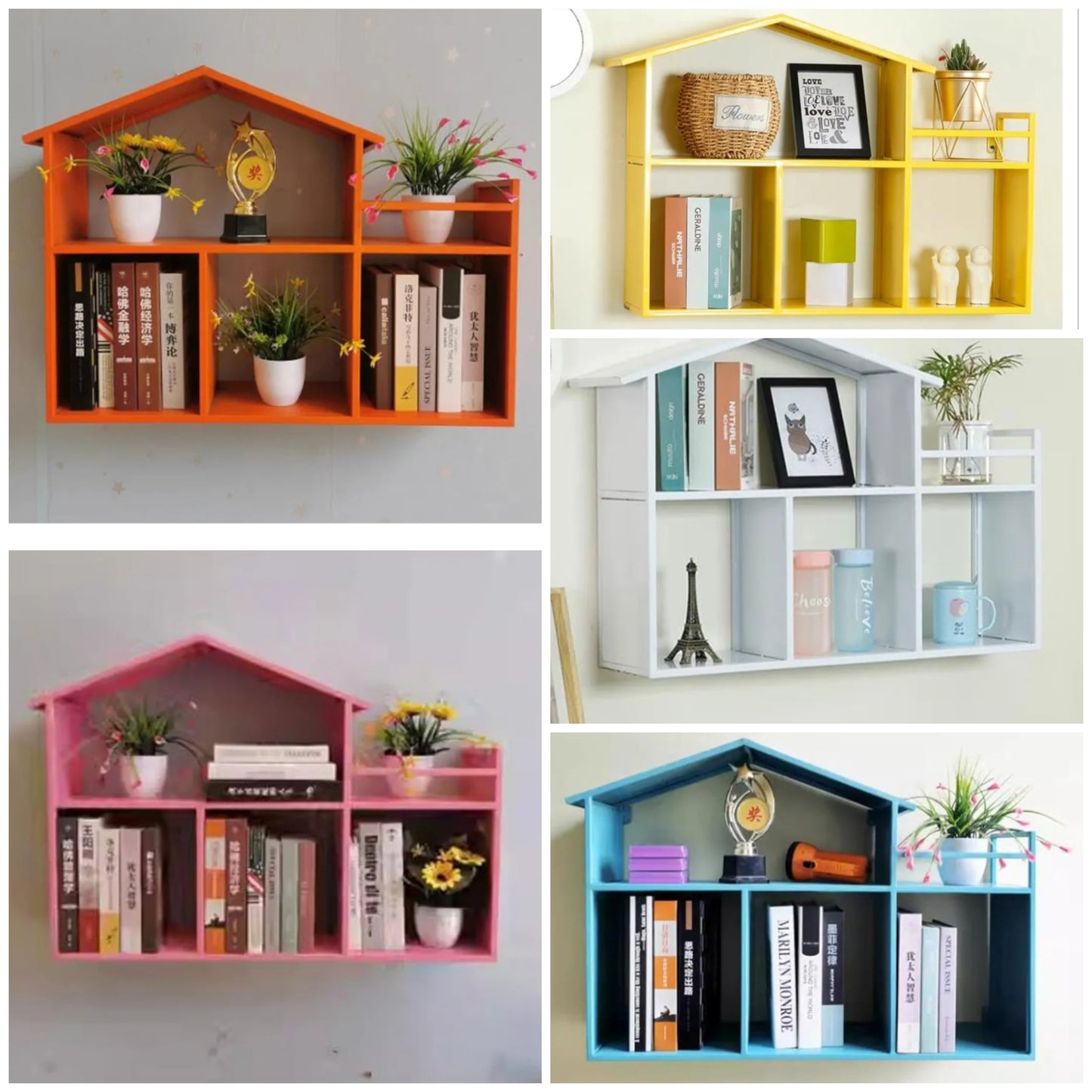 Wall Mount Shelves Small House Shape Floating Shelves Metal Frame,Wall Mounted Display Shelves Storage Unit,Modern Home Decor Wall Shelf Bookshelves for Living Room,Nursery,Office,Bedroom,Bathroom,