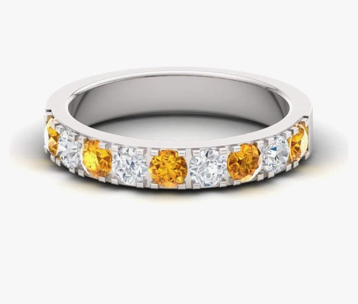 COCOMONEY Natural and Certified Gemstone and Diamond Wedding Ring in 10K White Gold | 0.92 Carat Half Eternity Stackable Band for Women, US Size 6