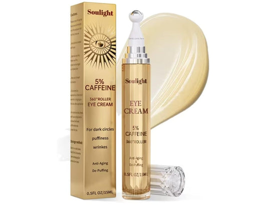 5% Caffeine Eye Serum with Hyaluronic Acid & Vitamin C - for Dark Circles, Fine Line, Bag Treatment & Moisturizing | Under Eye Cream with 360° Roller Massage Ball