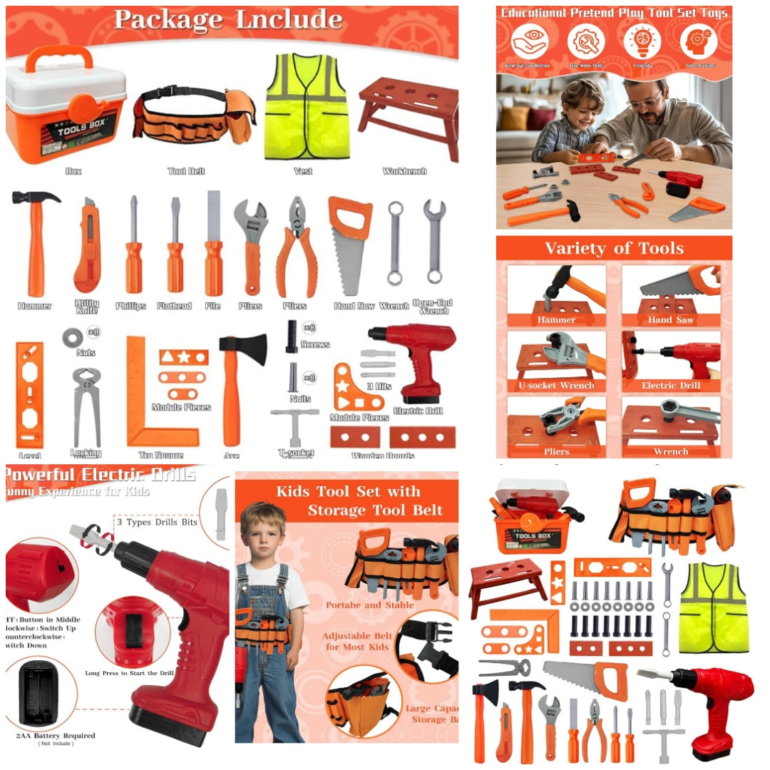 Kids Tool Set - Tool Box, Pretend Play Kids Construction Tool Kit, for Boys, and Girls Ages 3 and Up 6 Sets to choose from choose below