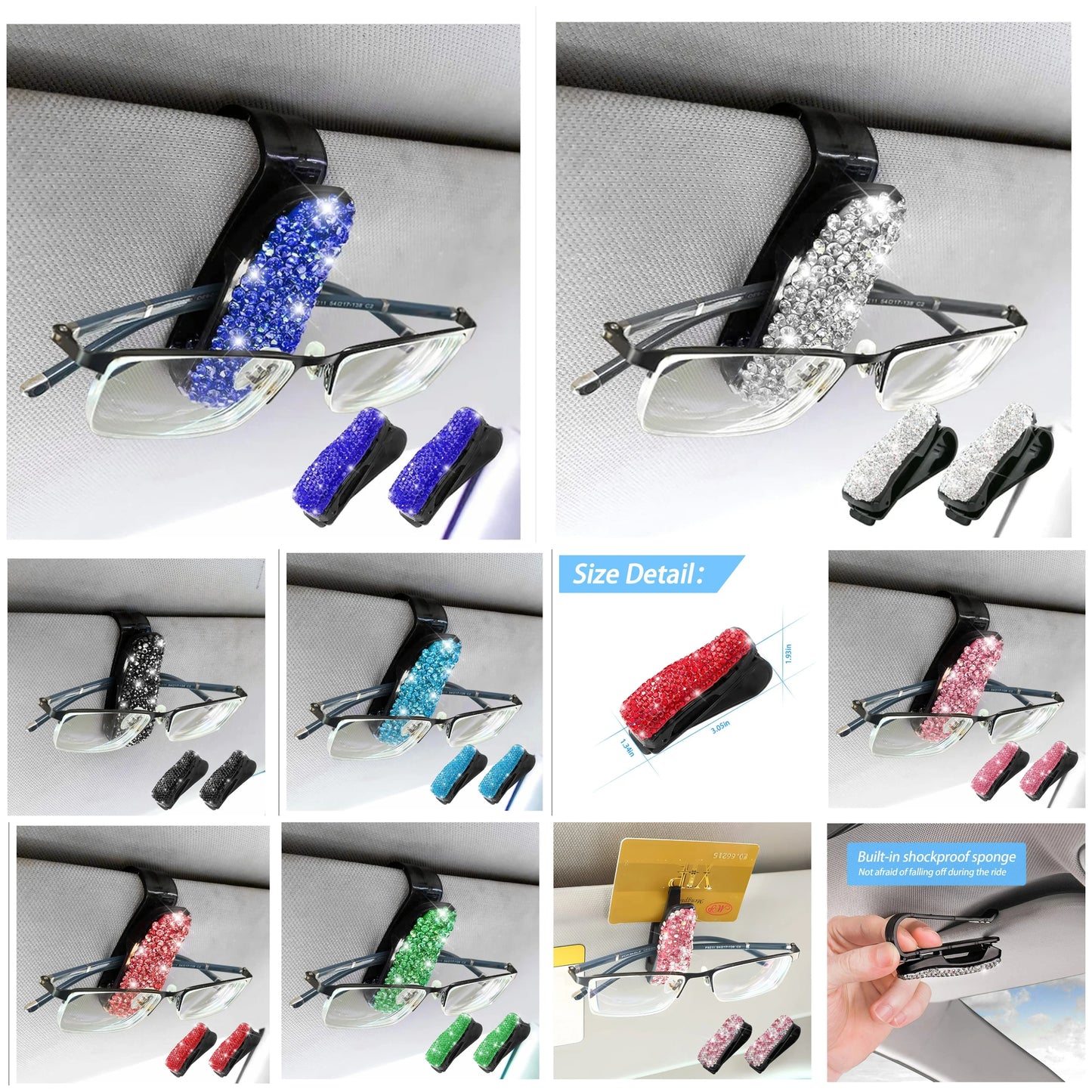 2 PCS Glasses Holders for Car Sun Visor, Fashion Bling Crystal Rhinestones Car Eyeglasses Sunglasses Hanger Mount with Ticket Card Clip