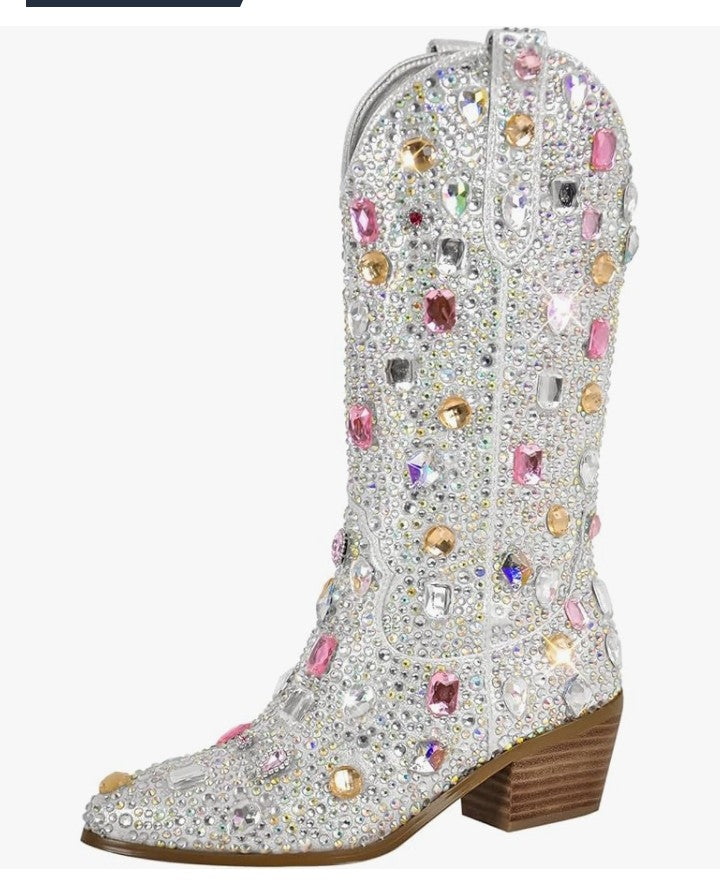 Sparkly Rhinestones Cowboy Cowgirl Style Boots Calf High Boots for Women 2INCH Heeled Shining