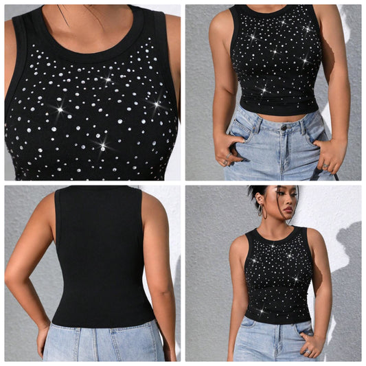 Plus Size Women's Summer Rhinestone Decor Round Neck Fitted Fashion Tank Top COCOMONEY