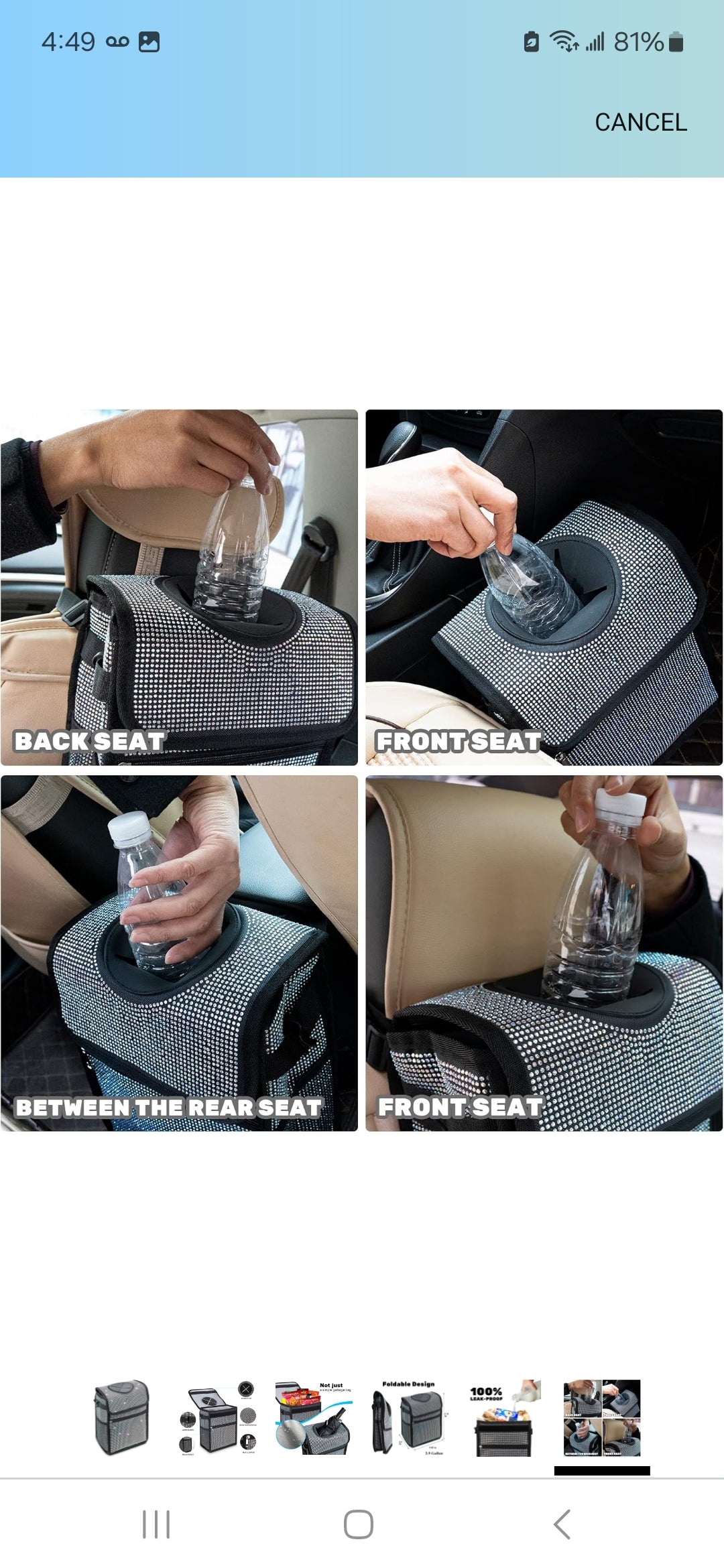 Car Trash Can Bling Car Accessories for Women Girl Rhinestone Car Bling Accessories Interior Car Garbage Can with Lid Waterproof for Cars SUV (Large, 3 gallons)