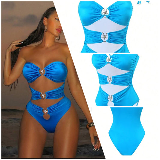 One Piece Swimsuit With Detachable Straps, Shiny Fabric, Hollow Design, Metal Starfish Detail, Vacation Summer COCOMONEY