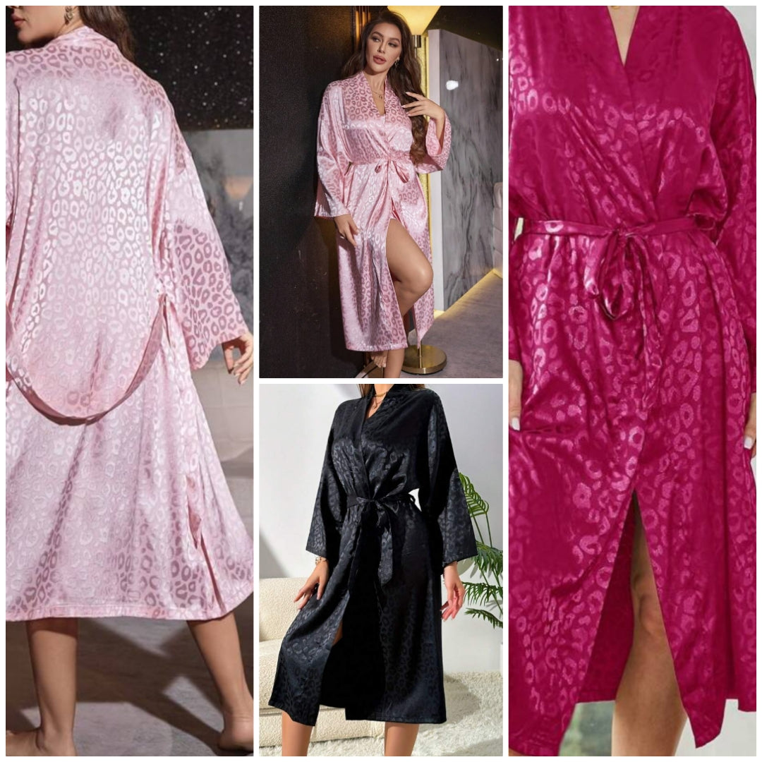 1pc Women's Elegant Leopard Print Jacquard Silk Satin Robe Sleepwear With Belt, Comfortable Loungewear Suitable For Home Wear, All Seasons, Vacation