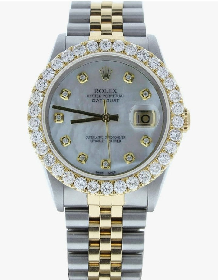 Rolex Datejust 36mm Watch 16233 Custom Mother of Pearl Diamond Dial & 3CT Diamond Bezel (Preowned)